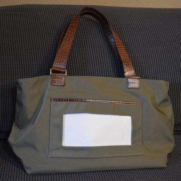 LEE's Needle ART Handle Bag Large Green Hacki faux Leather Handles approx. 18x11 - Picture 15 of 16